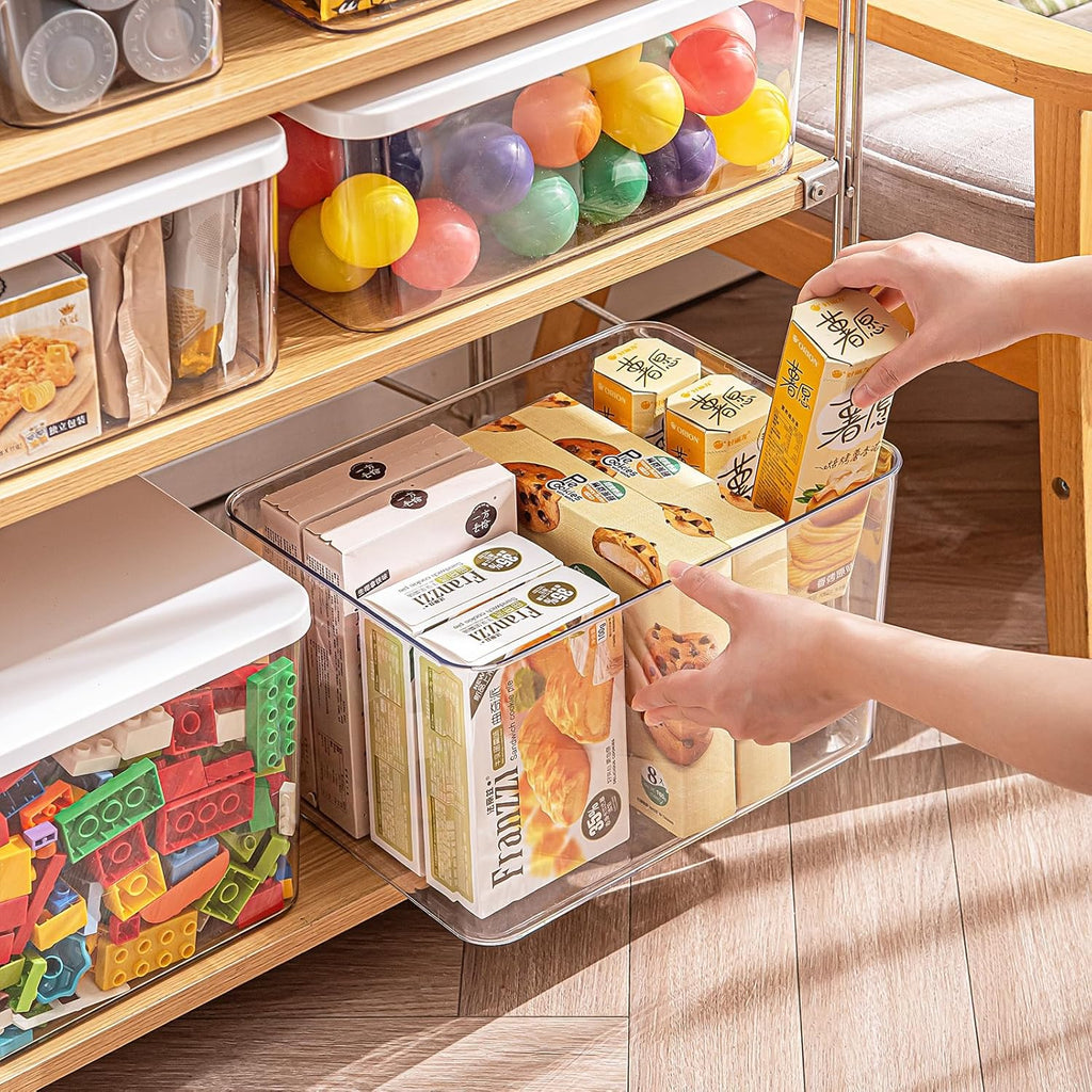 Clear plastic storage bins with LIDS-4packs,storage containers for snacks, cosmetics, books, dog food, Storage Organizer for Nursery，Kitchen, Living room,Bedroom, Bathroom, Office (Clear-White Lid)