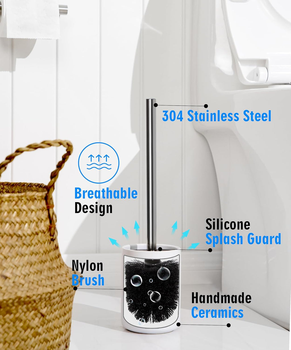 Ceramic Toilet Brush & Holder Set - Freestanding Deep-Cleaning Toilet Bowl Cleaner Brush, Stainless Steel Handle, Small & Sturdy for Storage, Easy to Clean, Non-Scratching