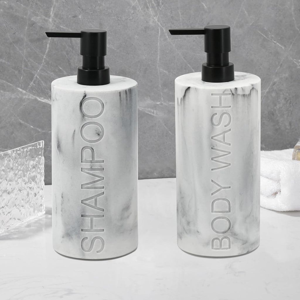 Marble Resin 2 Piece Shampoo and Body Wash Dispenser Set, Luxurious Refillable Pump Bottles with Matte Pump Top and Embossed Text, Durable Design for Bathroom and Shower