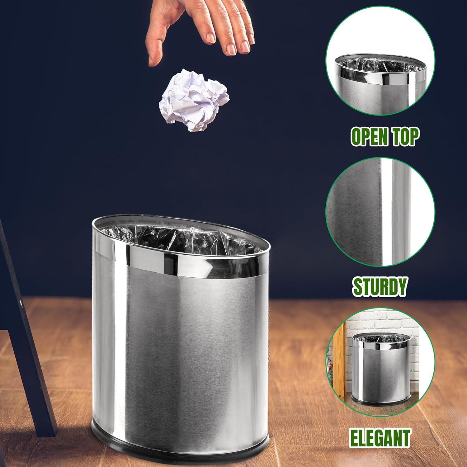 'Invisi-Overlap' Open Top Stainless Steel Trash Can, Small Office Wastebasket, Modern Home Décor, Oval Shape