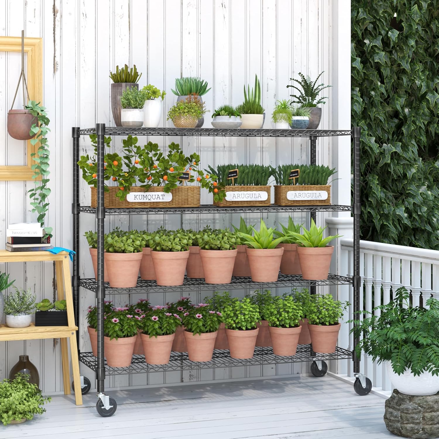 Himimi 72" H Storage Shelves 4 Tier Metal Shelving Adjustable Wire Shelf with Wheels, Heavy Duty Shelving for Garage Kitchen Pantry Bathroom Laundry 18" D*48" W*72" H, Black