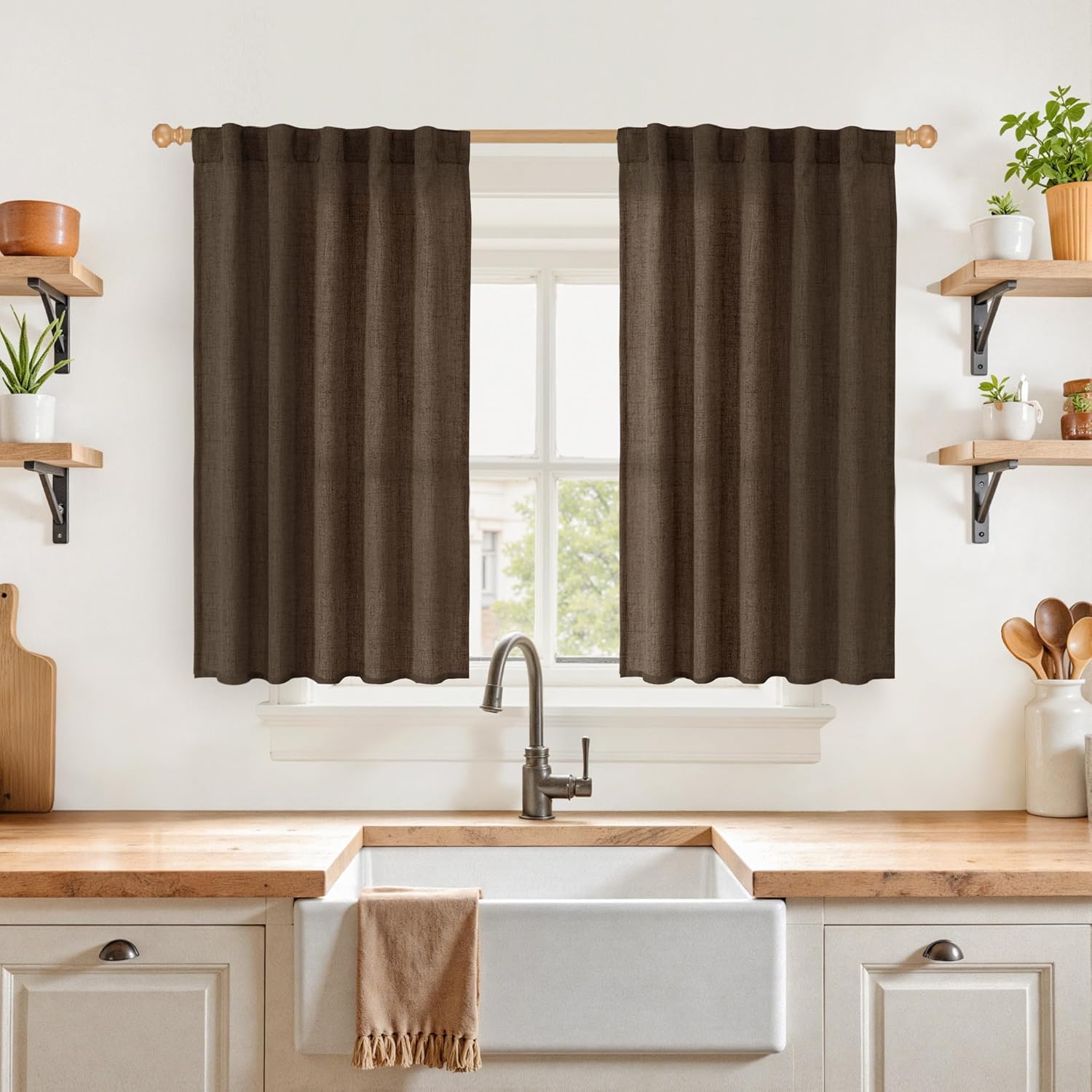 YoungsTex Brown Linen Kitchen Curtains 40 Inches Long for Windows Over Sink, Short Drapes with Back Tab Rod Pocket Light Filtering for Bathroom Cafe Window Fall Decor, 2 Panels, 42 X 40 Inch