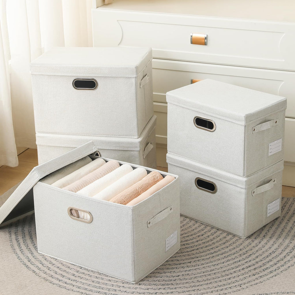 PRANDOM Large Collapsible Storage Bins with Lids [3-Pack] Fabric Foldable Storage Boxes Organizer Containers Baskets Cube with Cover for Home Bedroom Closet Office Beige(17.3x11.8x11.8)