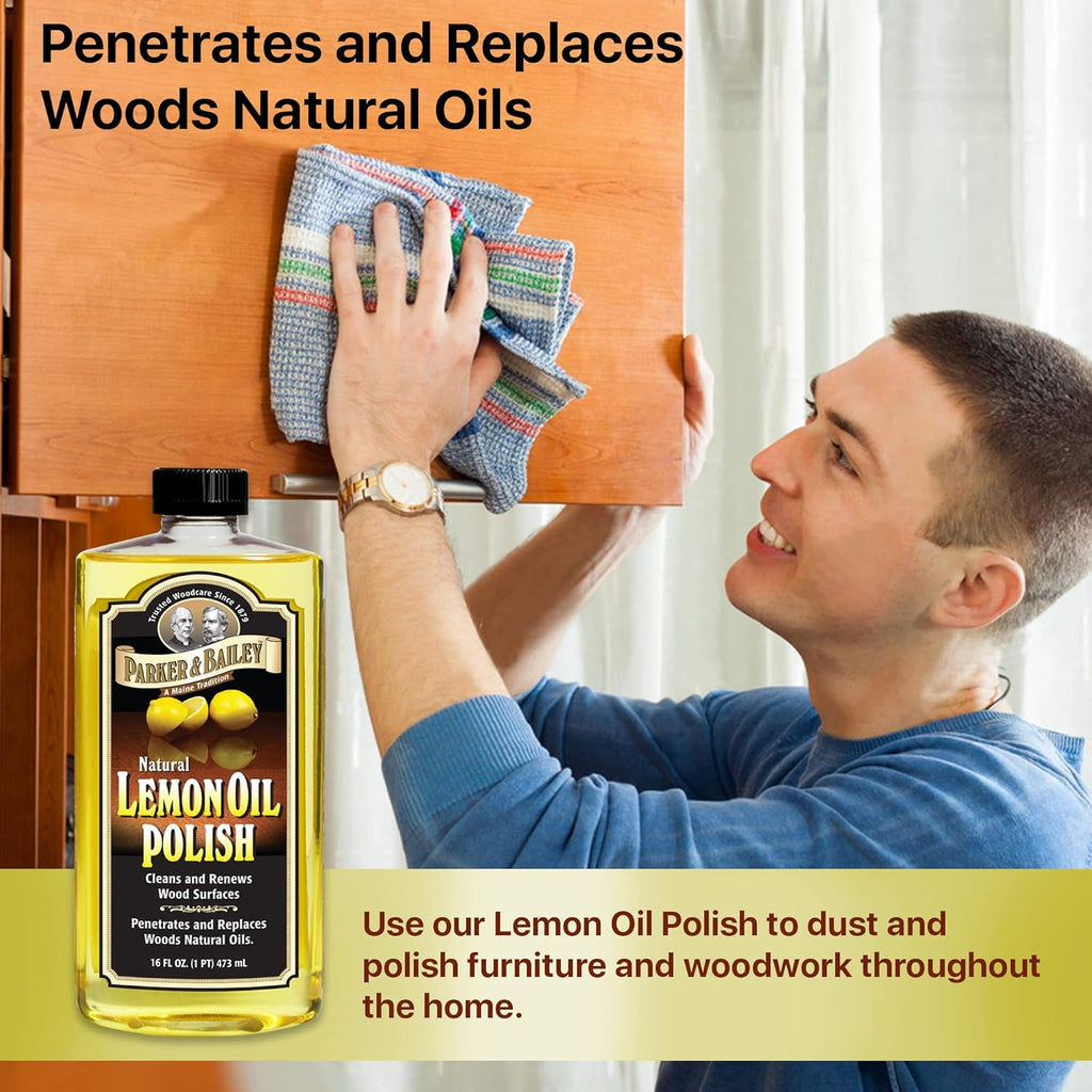 PARKER & BAILEY LEMON OIL POLISH - Natural Lemon Scented Wood Cleaner & Furniture Polish, Cleans, Renews, Restores & Rejuvenates Wood Surfaces, Protects Wood from Drying or Cracking, Leaves a Shiny Finish, 16oz
