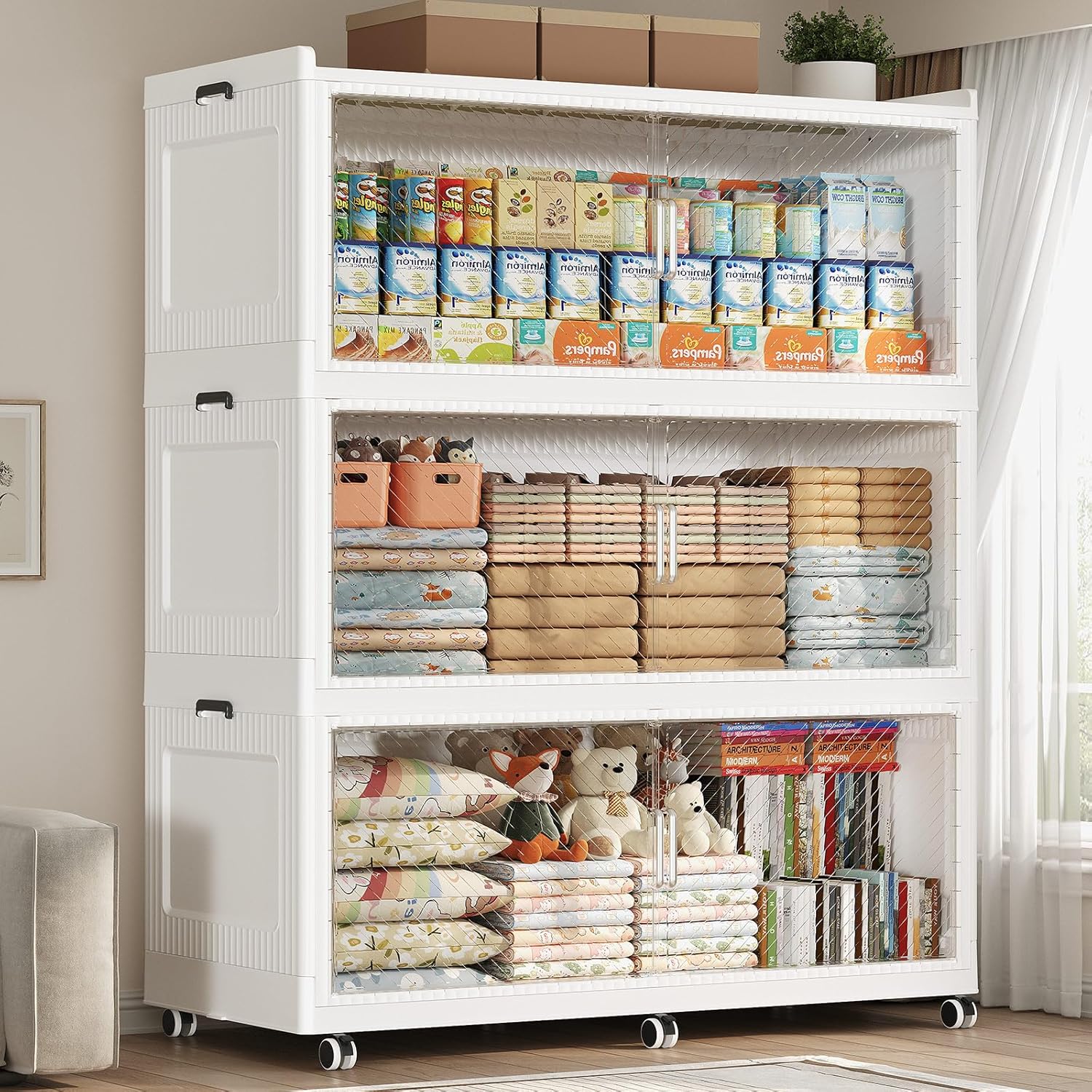 240GAL Extra Large Storage Bins with Lid, 960QT Collapsible Organizer with Wheels, Stackable Closet Cabinet with Doors, Folding Storage Containers for Home, Office, Dorm, 3Pack White