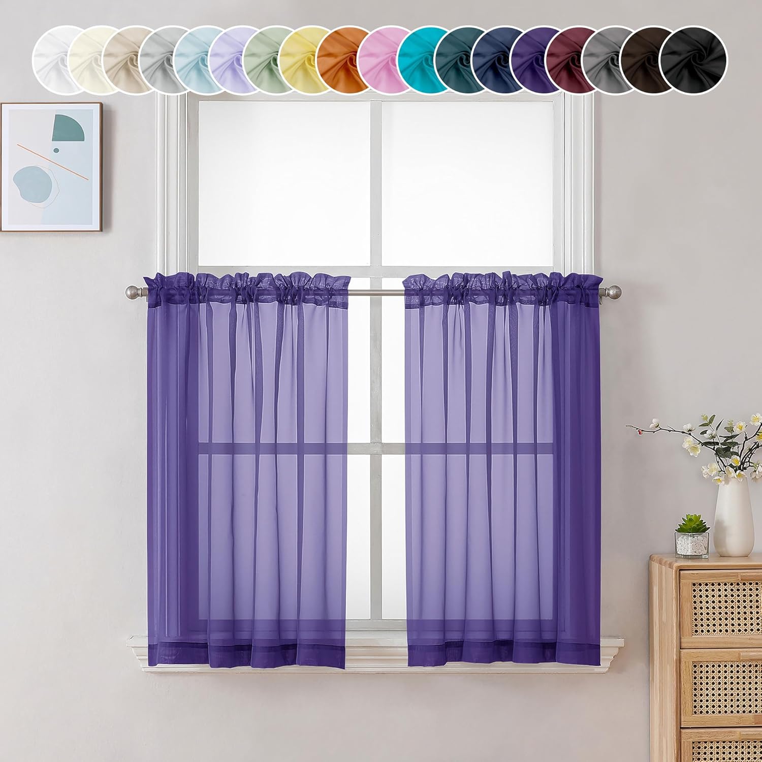 Chyhomenyc Sheer Purple Tier Curtains 24 Inch Length, Small Window Curtains Treatment for Bathroom Living Room Basement, Short Rod Pocket Cafe Curtain, 42W x 24L Inches, 2 Panels