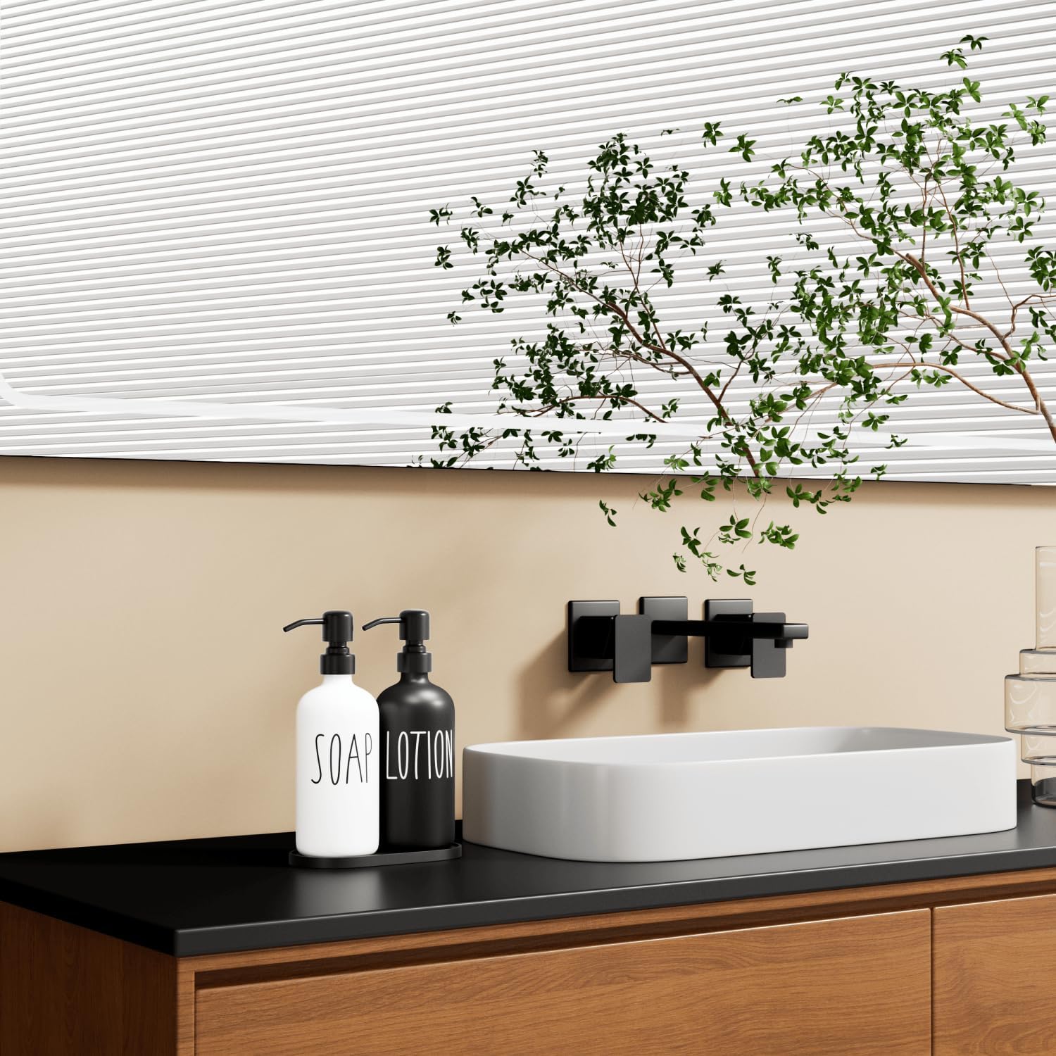 MOMEEMO Glass Soap Dispenser with Stainless Steel Pump, Contains Lotion Dispenser, Hand Soap Dispenser & Tray. (Black & White)