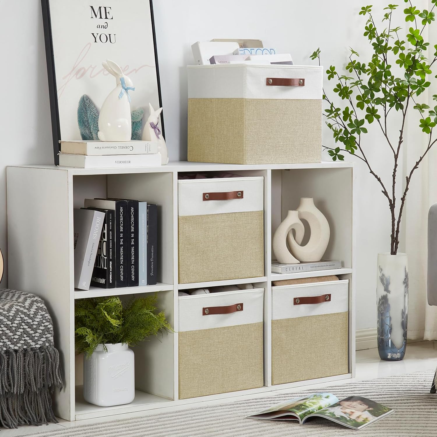 Collapsible Fabric Storage Cube Bins with 2 Reinforced PU Handles, Foldable Storage Organizer Baskets for Closet, Shelves, Living Room | 13"x13"x13", 4 Pack, Beige & White