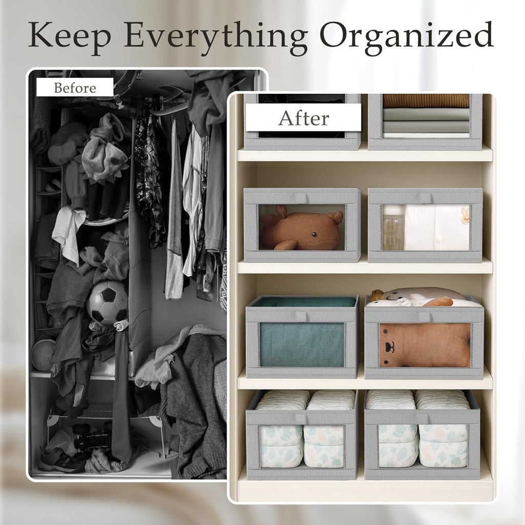 Criusia 6 Pack Linen Closet Organizers and Storage, Large Linen Closet Baskets for Organization, Foldable Storage Containers for Toys, Clothing, Towels, Jeans, Books, Shelves, Grey