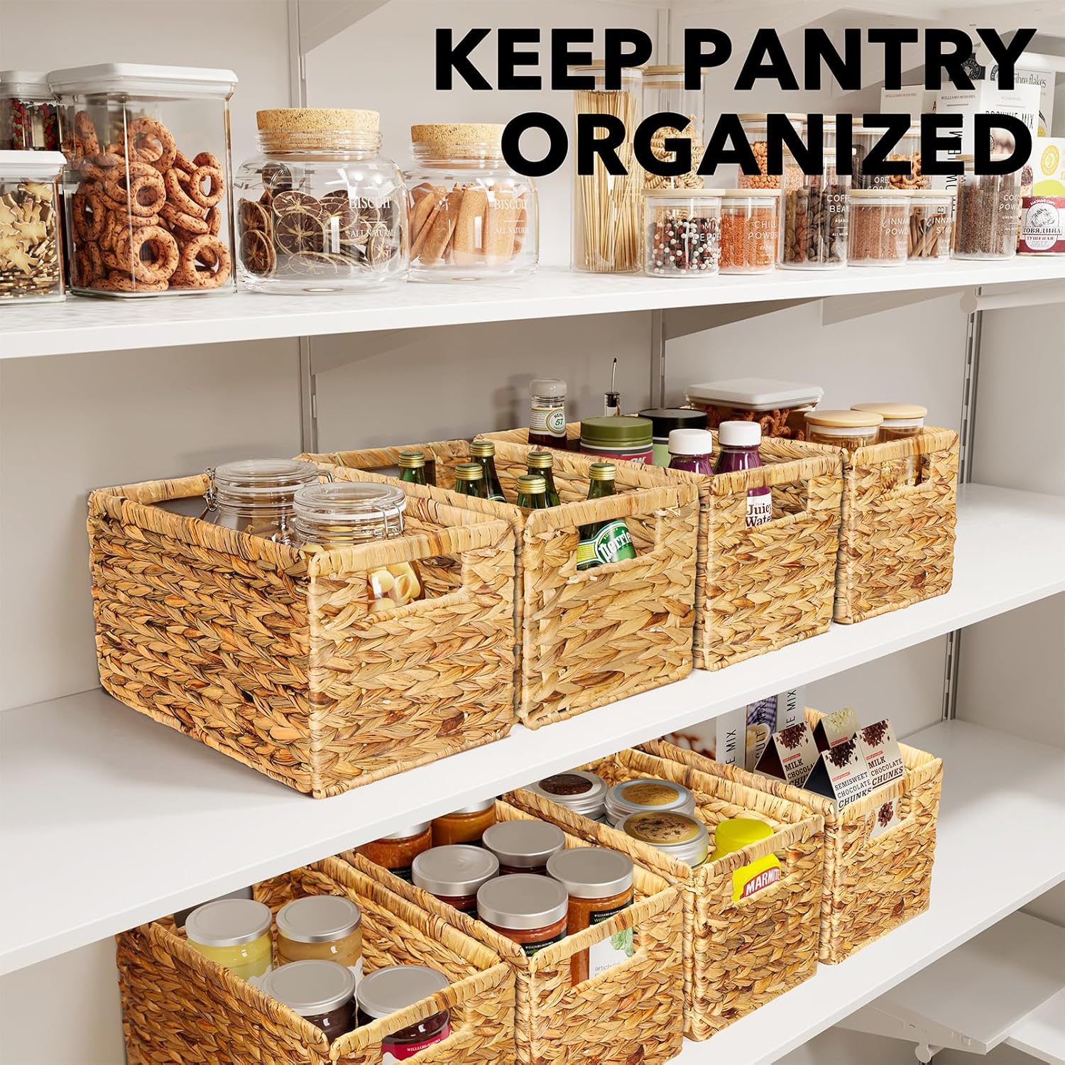 SpaceAid 8 Pack Wicker Basket, Storage Baskets for Organizing, Woven Rattan Basket with Handles for Shelves, Water Hyacinth Large Cube Organizer Storage Bin, 13x8.2x7 inch, Natural