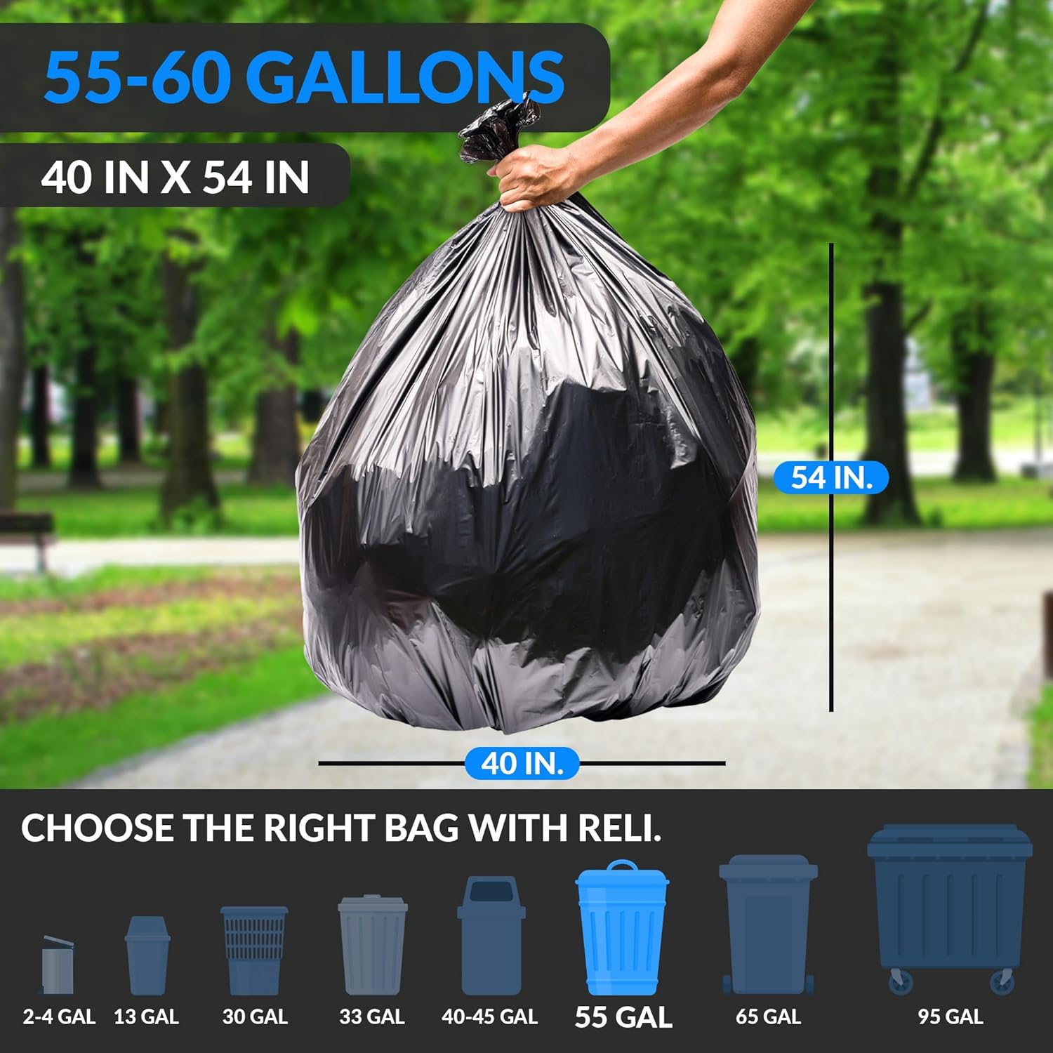 Reli. 55-60 Gallon Trash Bags Heavy Duty | 150 Count | 50-60 Gallon | Large Black Garbage Bags | Made in USA