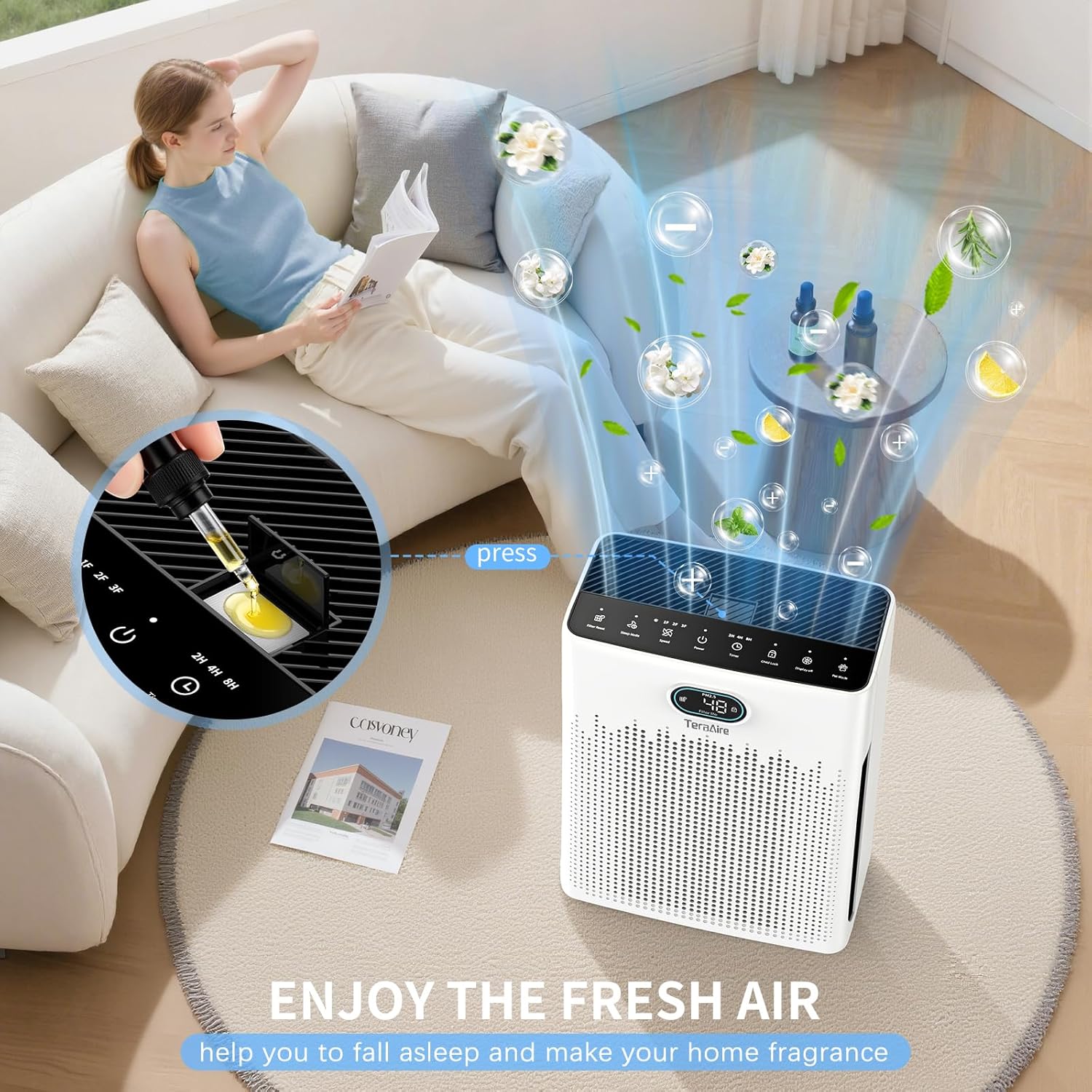 Air Purifiers for Home, PM 2.5 Air Quality Monitor Cover Up to 2200 Ft² with Pet mode, Timer, HEPA Air Purifier with Washable Pre-filter, Fragrance Sponge for Smoke, Odor, Dander, Pollen (Black)