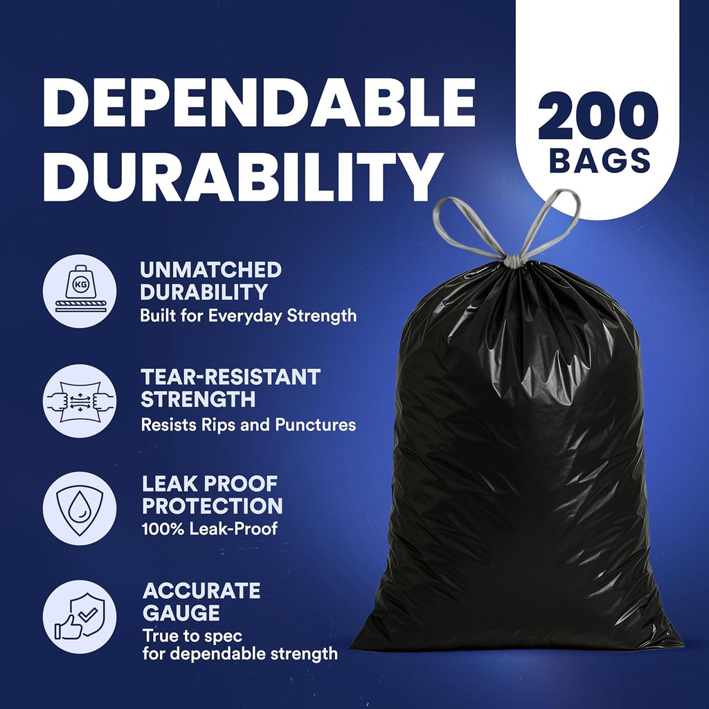 Plasticplace 13 gallon Extra Tall Drawstring Kitchen Trash Bags | Black 1.2 Mil, 24"W x 31"H (200Count)