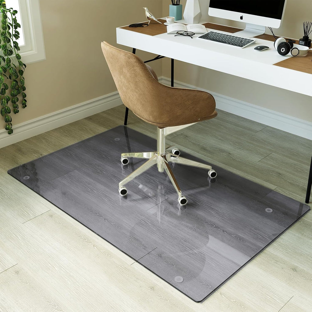 Koonmi Tempered Glass Chair Mat for Hardwood Floors & Carpets, 30" x 48“ Grey Heavy Duty Office Floor Protector with Noise-Free Gliding Shatterproof for Home Office Desk