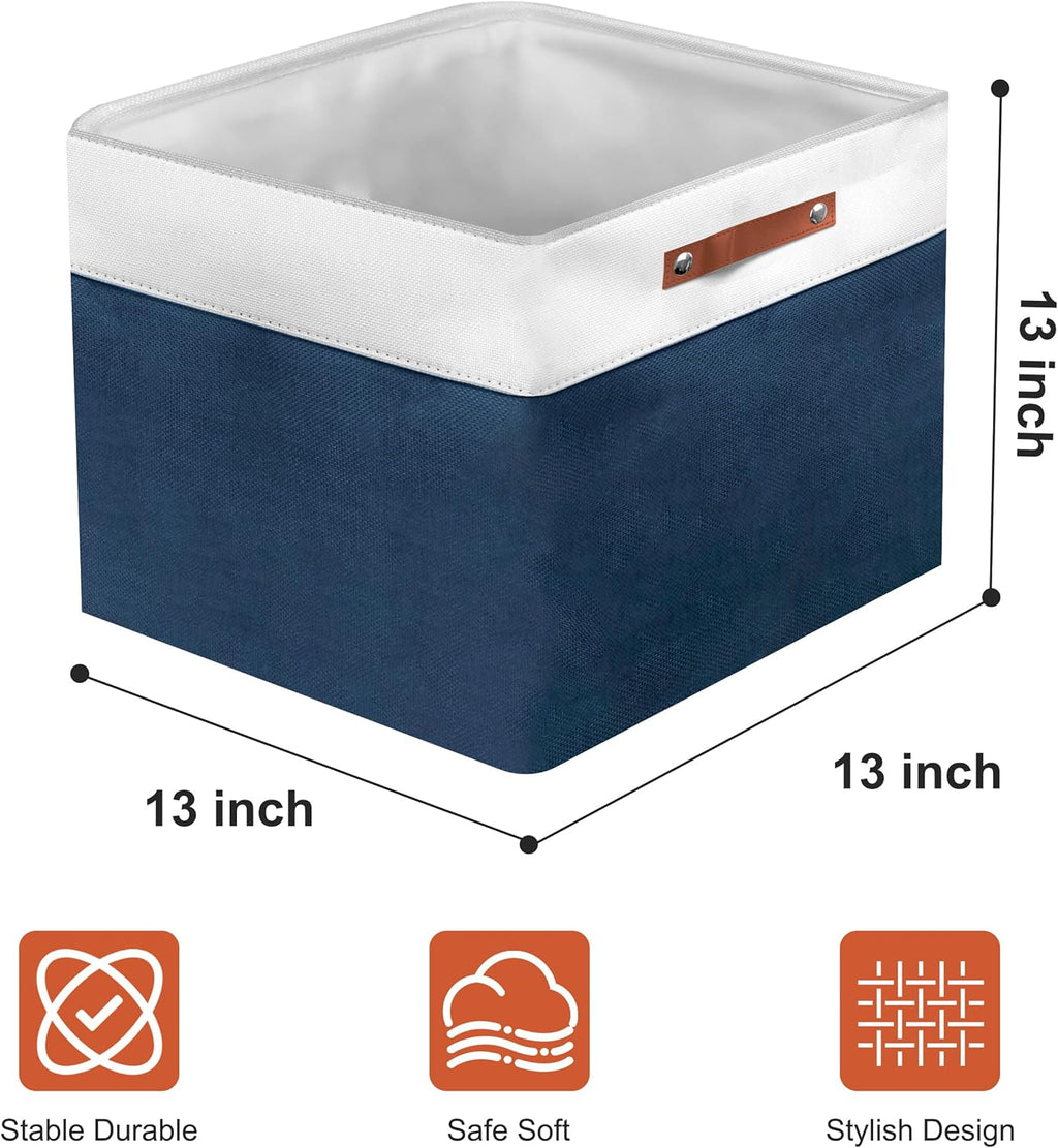 13in Open Fabric Storage Basket with Leather Handles for Organizing, Collapsible Linen Closet Bins for Shelves, Closets, Laundry, Decorative Basket for Gifts. (White＆Blue, 3PCS/13x13in)