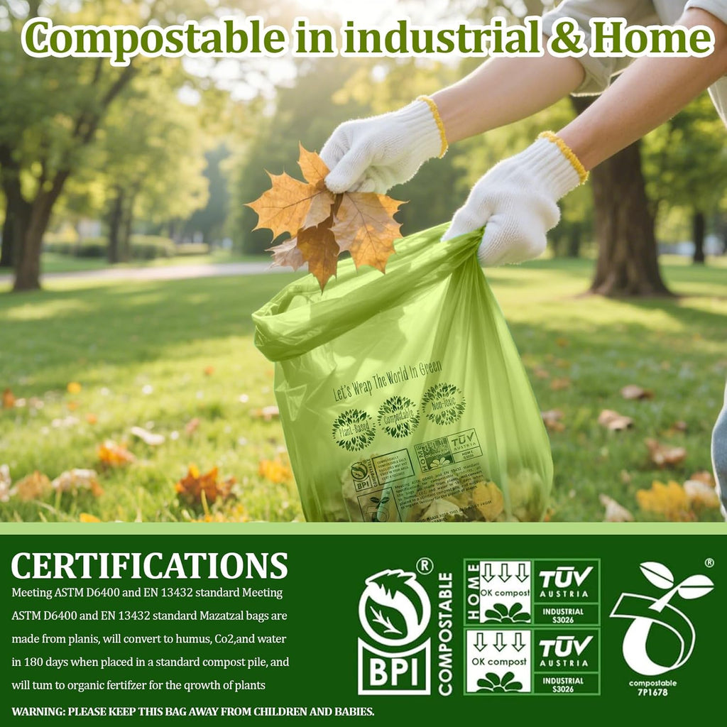 10-13 Gallon Compostable Trash Bags Handle-Tie, Heavy Duty Thick 0.87 Mil, 49.21 Liter, 30 Bags, Tall Kitchen Food Scrap Waste Bag, ASTM D6400, US BPI and OK Compost Home Certified
