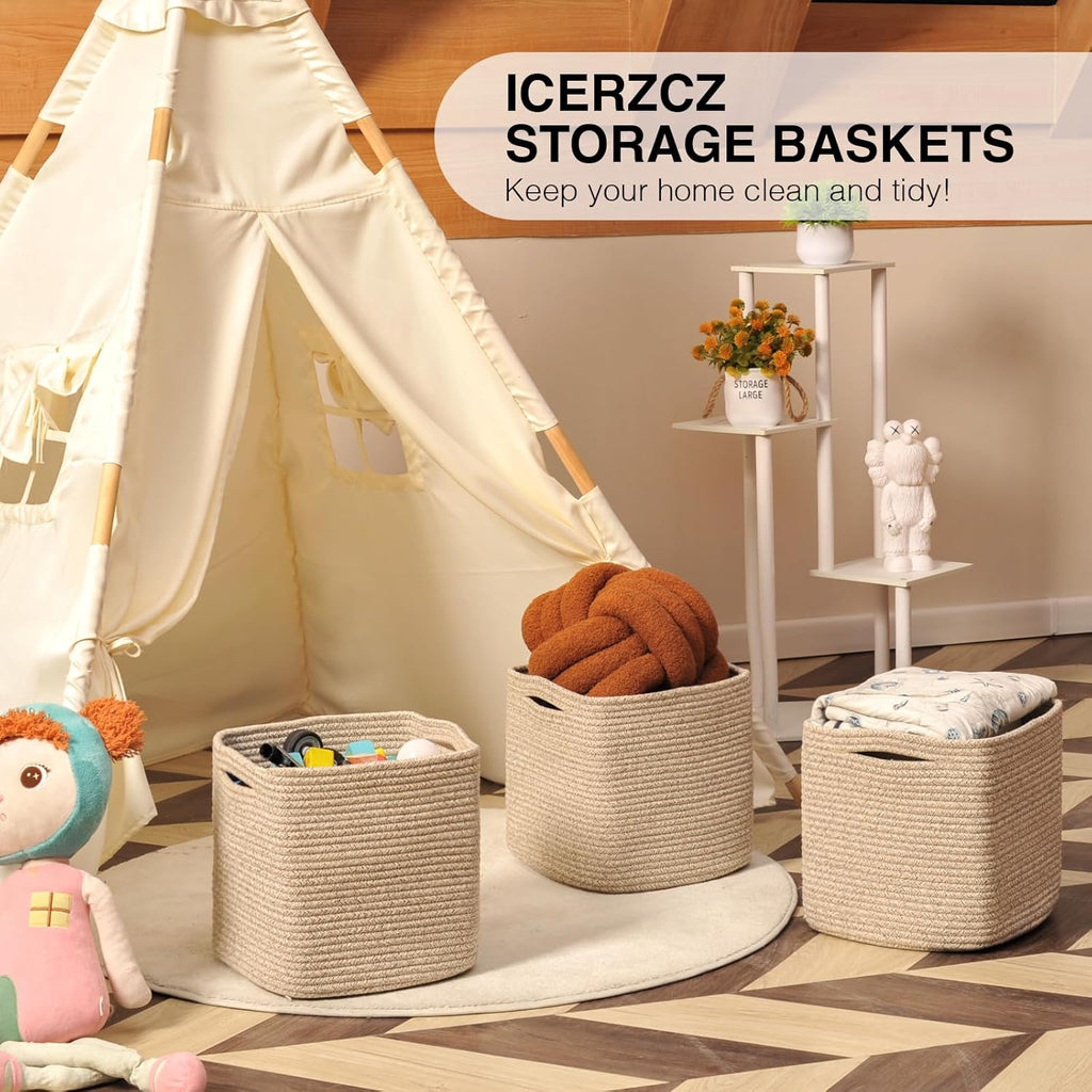 11 Inch Cube Storage Bins, Storage Cube Organizer Bins, Woven Cotton Rope Baskets for Storage, Storage Basket for Organizing Shelves, Square Baskets for Toys Nursery, Brown (Pack of 3)