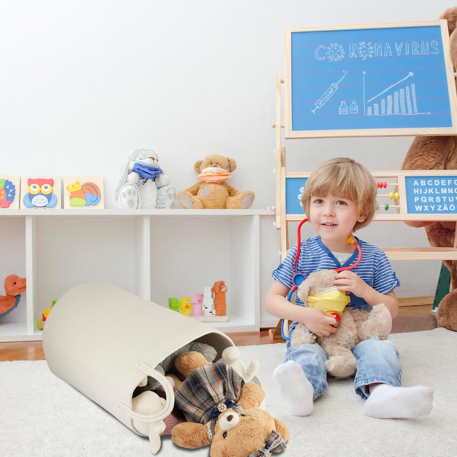 Cotton Rope Laundry Basket Hamper for Clothes Woven Storage Basket for Living Room Bedroom Boho Tall Rope Baskets for Blanket Toys Pillow Towels Baby Nursery Hamper Bin Large white