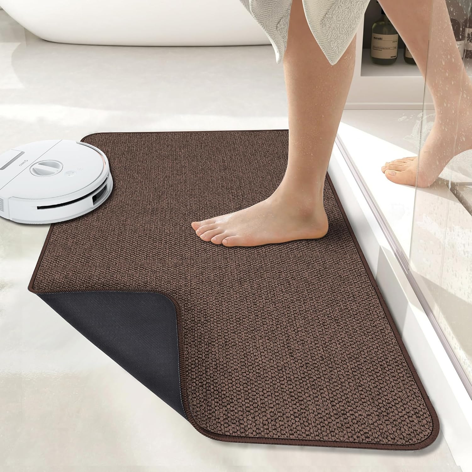 Bath Mat,Ultra Thin Bathroom Runner Rugs,Large Bath Mats for Bathroom,Quick Dry,Non-Slip,Machine Washable,Low Pile,Bath Rug,Shower Outside,Sink,Home Decor Accessories.Brown,1'5"x2'11"（17x35inch）