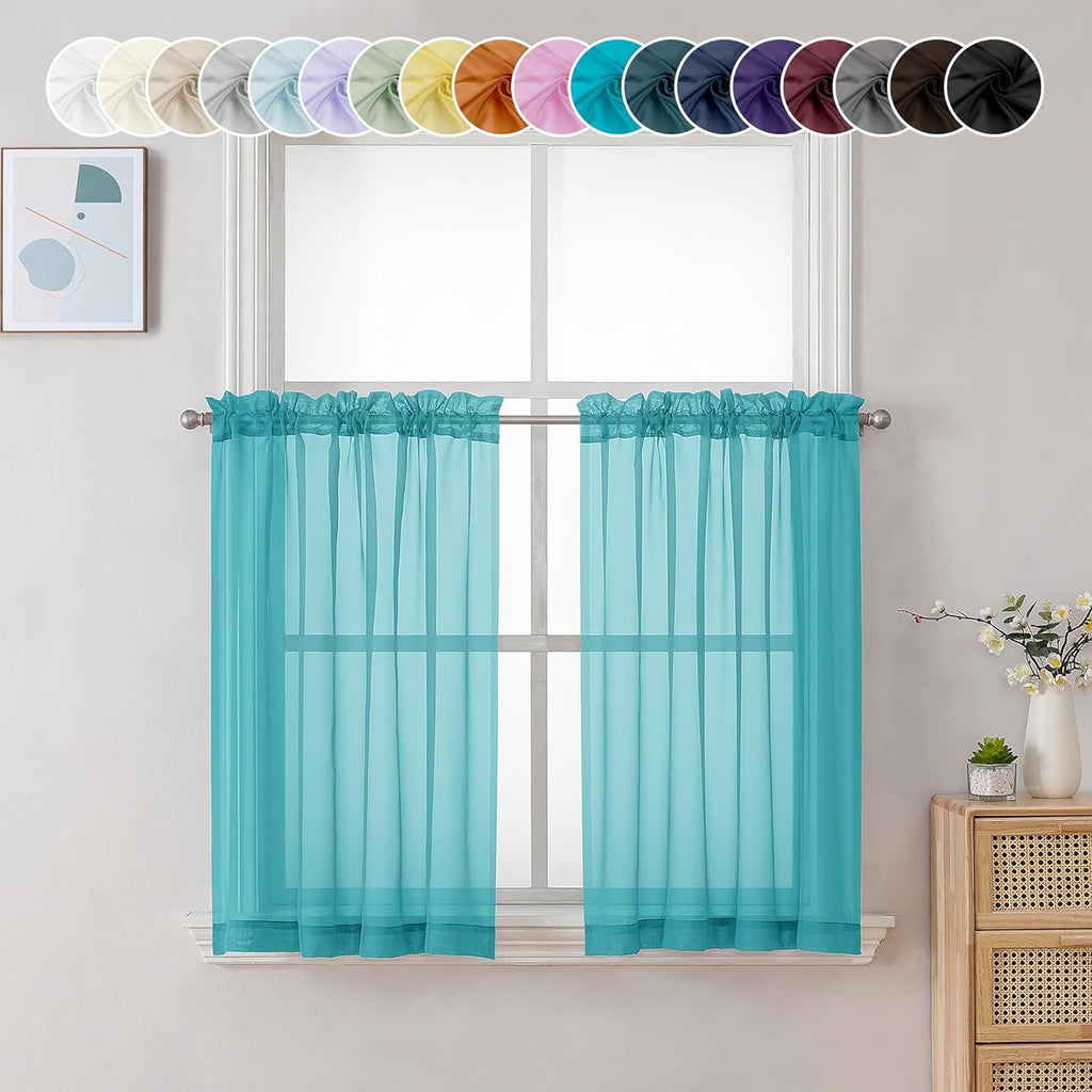 Chyhomenyc Turquoise Sheer Curtains 36 inch Length 2 Panels, Light Filtering Voile Rod Pocket Short Window Curtians for Bathroom Living Room Farmhouse Small Windows, 42Wx36L inches
