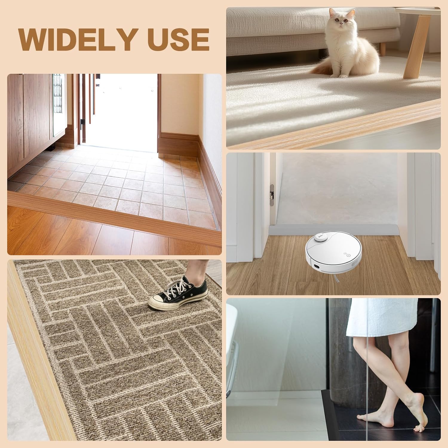 Floor Transition Strip Vinyl Door Threshold Ramp Self Adhesive Carpet Edging Strip Doorway Edge Trim, Overlap Edge Reducer for Laminate Carpet, Floor, Tile (Light Yellow Grain, 2/5" to 3/5", 3.3Ft)