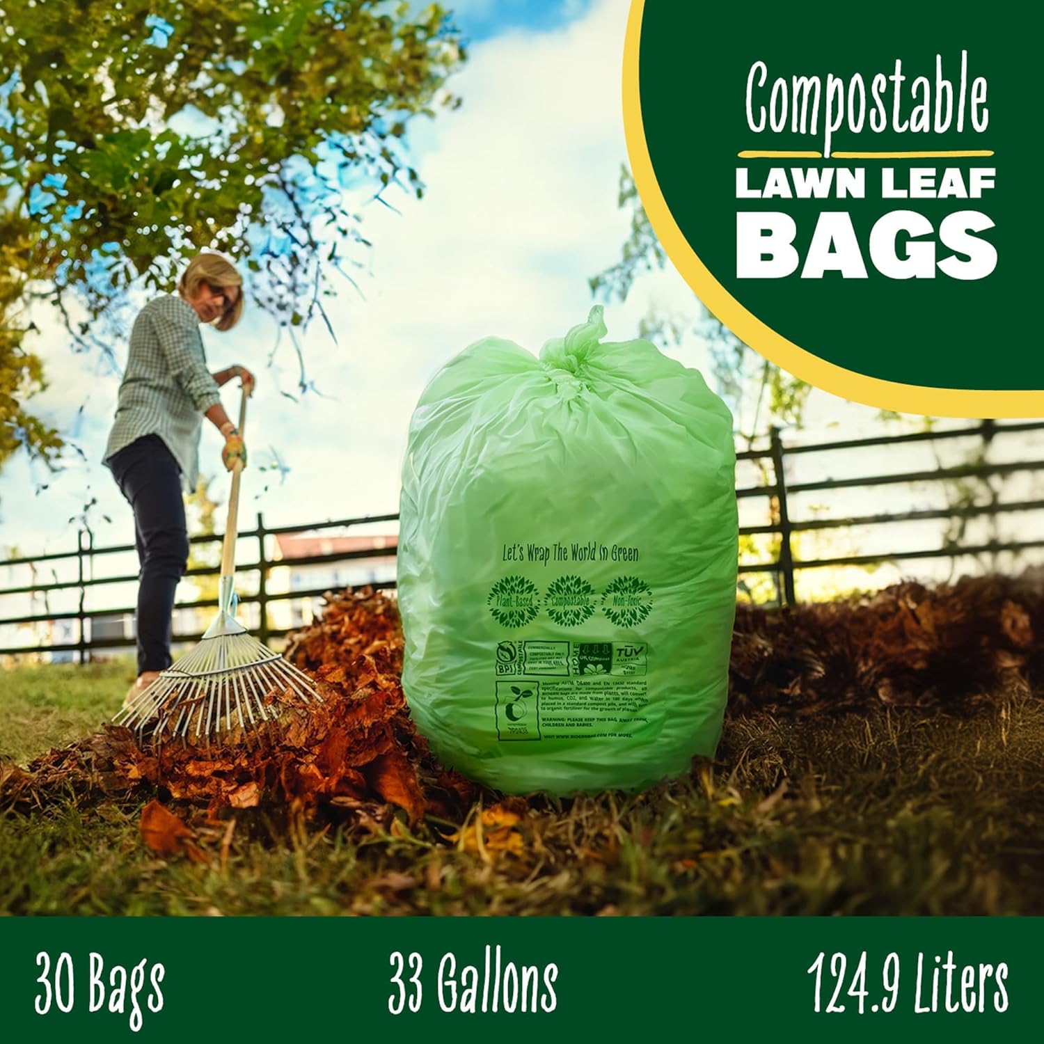 30-33 Gallon Compost Bags 30 Bags Yard Waste Bags Flat-Top Liners Compostable Trash Bags Heavy Duty Extra Thick 1.57 Mil, 124.92 Liter Lawn and Leaf Bags BPI ASTM D6400 and OK Compost Home Certified