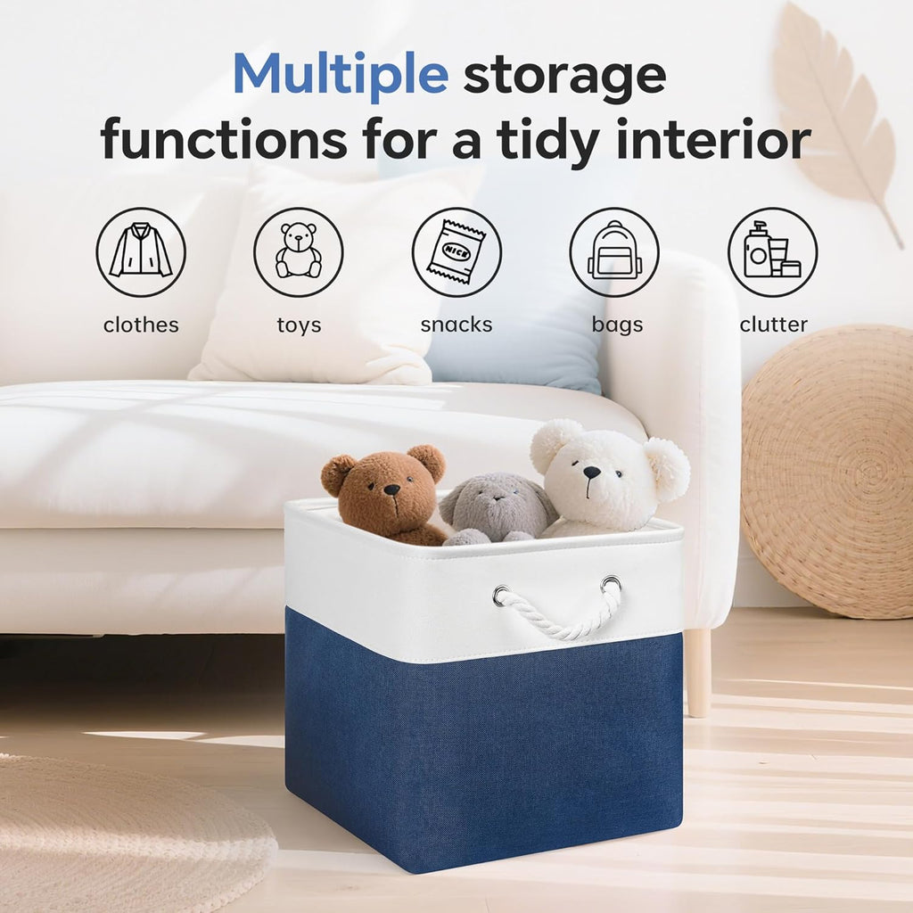 13x13 Inch Cube Storage Bins with Reinforced Bottom Cardboard, 6 Pack Large Collapsible Fabric Storage Cubes with Handles for Shelf, Closet, Toy, Laundry Organization (White&Navy Blue)