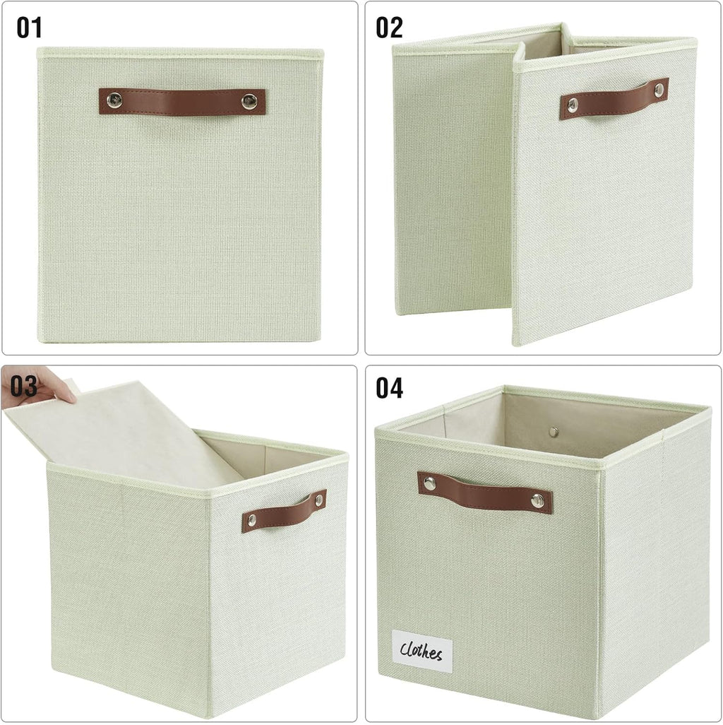 Collapsible Fabric Storage Cube Bins with 2 Reinforced PU Handles, Foldable Storage Organizer Baskets for Closet, Shelves, Living Room | 11"x11"x11", 4 Pack, Sage Green