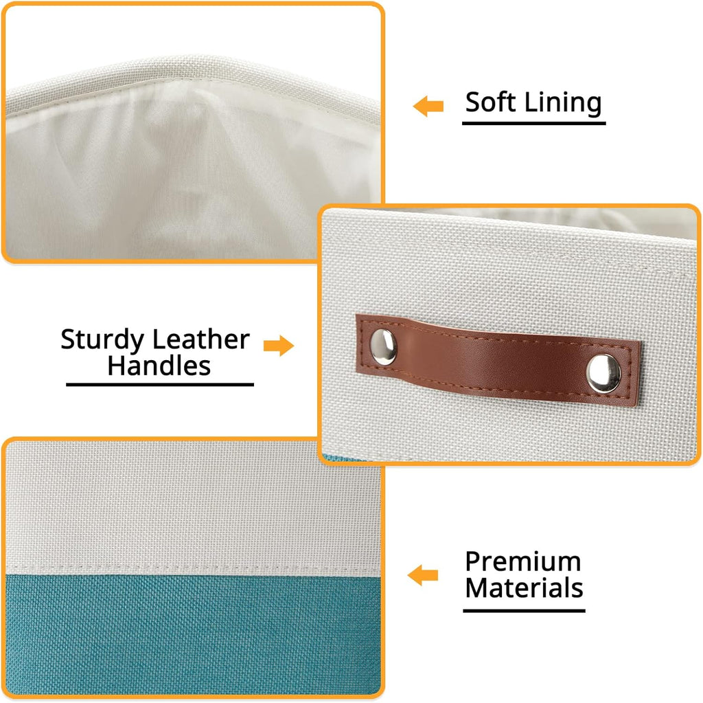 DULLEMELO Foldable Storage Cubes 11 x 11 Organizer Bins,Canvas Storage Bins Empty Gift Baskets for Organizing with SturdyLeather Handles, Closet Baskets for Nursery Storage(4 Pack - 11" White&Teal)