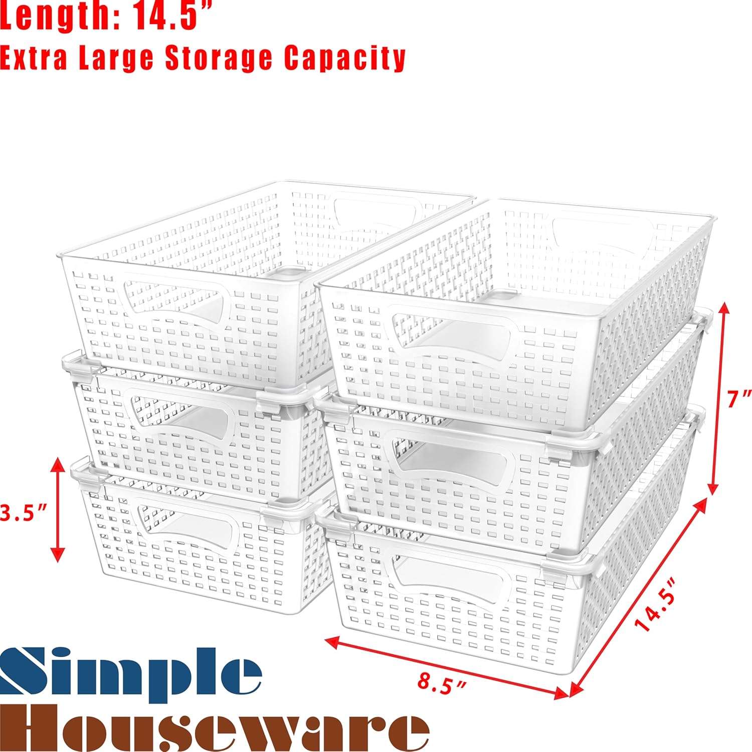 Simple Houseware Stackable Plastic Woven Basket Organizer, 6 Pack, 14.5" x 8.5" x 3.5", Clear