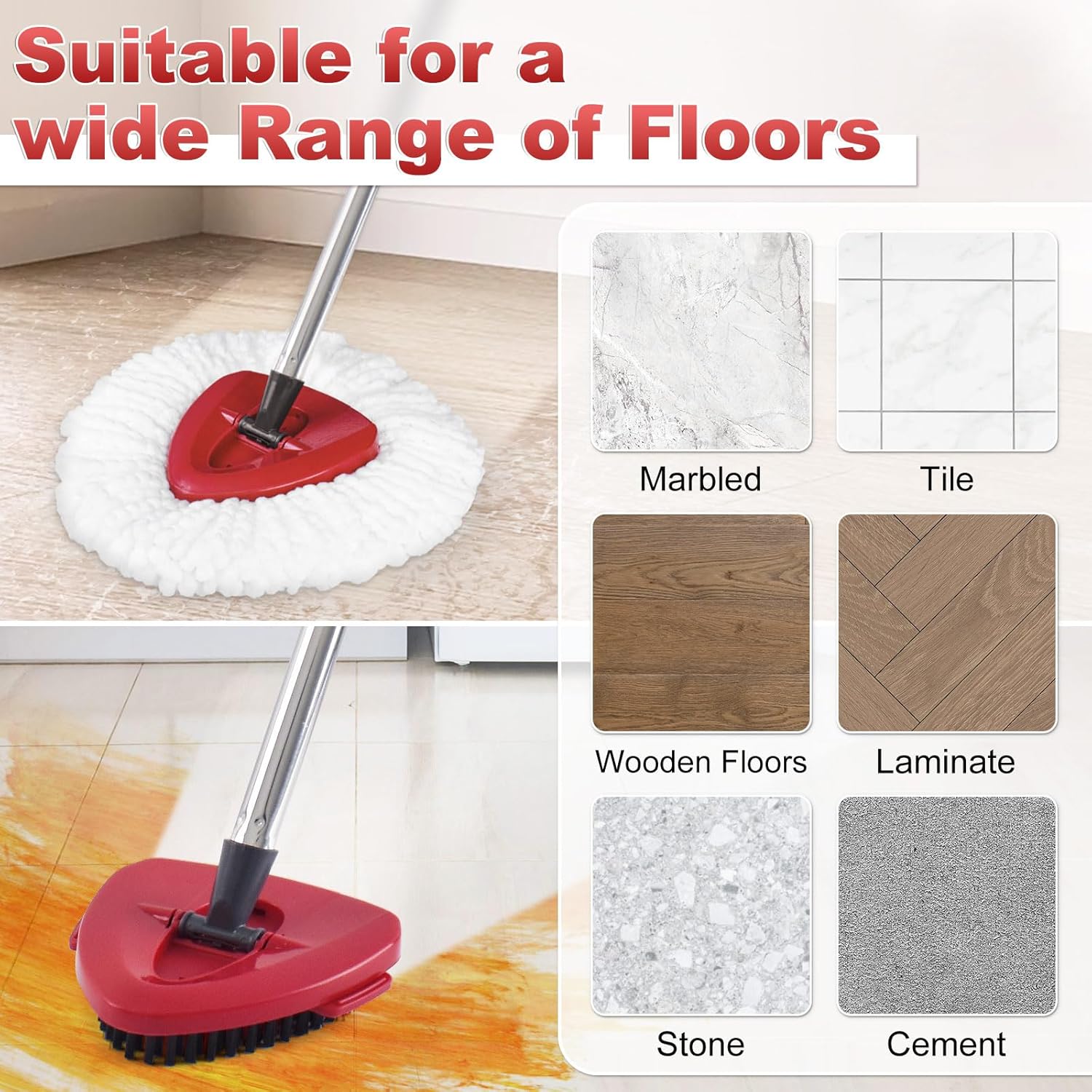 Mop Head Replacement, Base, Mop Handle for Ocedar EasyWring 1-Tank System, 2 Microfiber Mop Refills, Extendable Length 30-59" Mop Handle, Base and Scrubber for All Hard-surfaced Floor