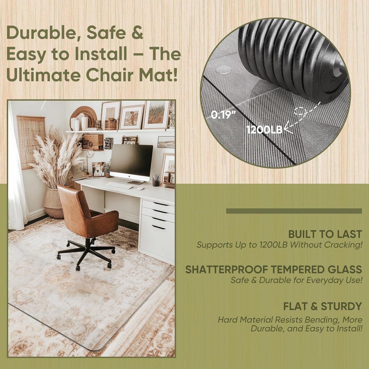 Office Chair Mat for Carpet & Hardwood, Upgraded 45" x 55" Dual Use Tempered Glass Chair Mat for Chair and Footrest Under Desk