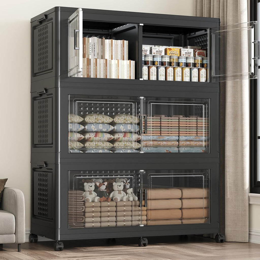 150GAL Storage Bins with Lid and Wheels, Stackable Closet Organizers and Storage Drawer, Collapsible Storage Box with Dividers, Foldable Plastic Cabinets Cubes Totes for Garage, 3 Pack Black