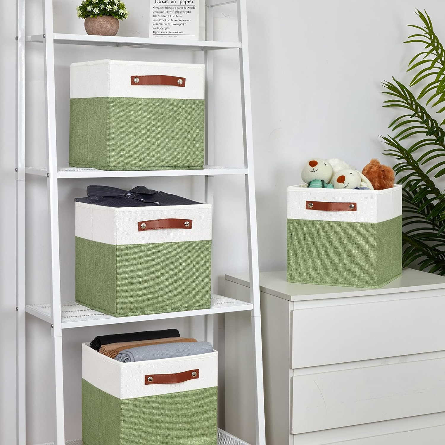 Temary Fabric Storage Bin 11x11 Cube Storage Bins for Home, 4 Pack Fabric Organizer Bins Cube Organizer Bins with Leather Handles Decorative Storage Bins for Shelf (White&Green)