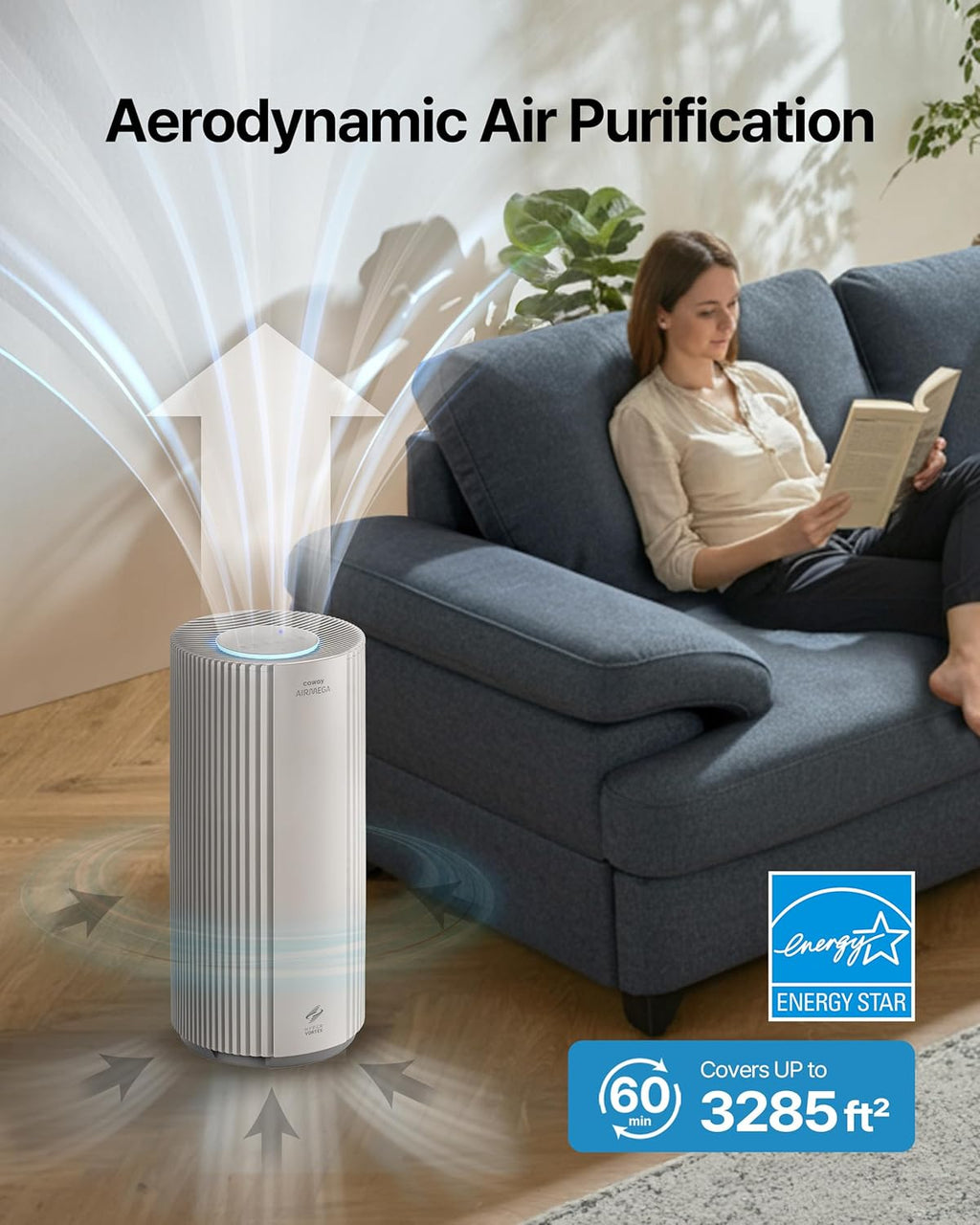 COWAY Air Purifiers for Large Room Whole Home Up to 3,285ft², True HEPA Filter for Smoke, Allergen, Pet Dander, Odor, PM(1, 2.5, 10), AQI, Turbo Eco Mode, Energy Star, 3yr Warranty, Airmega 450 Beige