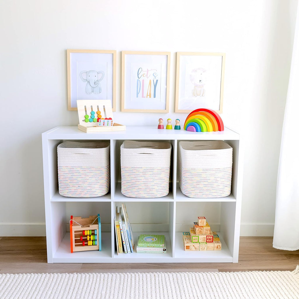 NaturalCozy Storage Cubes 11 Inch Cotton Rope Woven Baskets for Organizing, 3-Pack | Cube Storage Bin | Square Storage Baskets for Shelves Organizer, Classroom, Kids Toy Bins, Closet, Baby Nursery