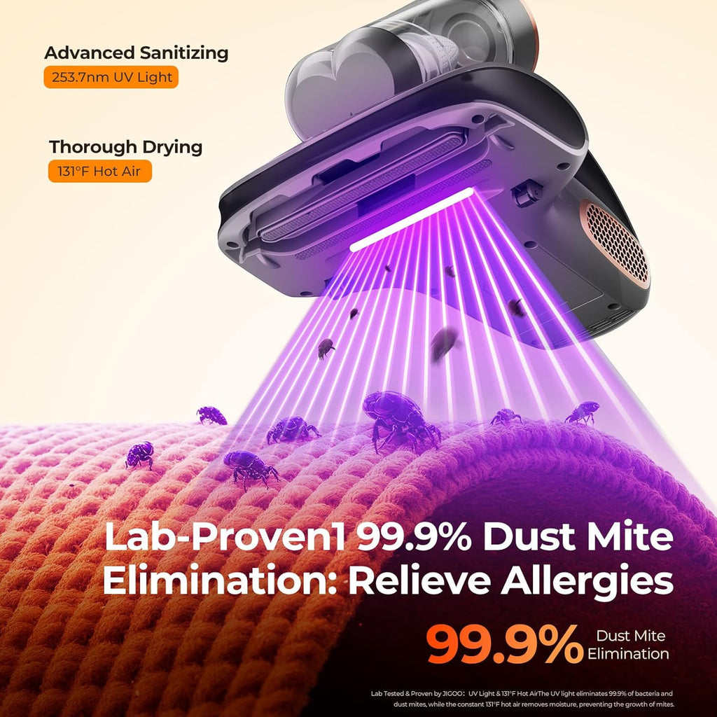 JIGOO Mattress Vacuum Cleaner with UV-C Light, Bed Vacuum Cleaner with Dust Sensor, Ultrasonic and High Heating, Deep Cleaning Bed Vacuum for Sofa Bed Fabric Surface (S100 Cordless)