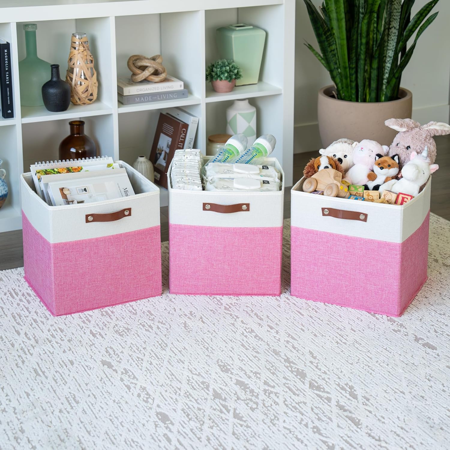 OrganiHaus 13x13 Cube Fabric Storage Bins Set of 4, Fabric Storage Cubes w/ Vegan Handles, 13 inch Collapsible Bins for Clothes & Toy Organizer, Cubbies Organizer, 13x13 Basket for Decor - Pink/White