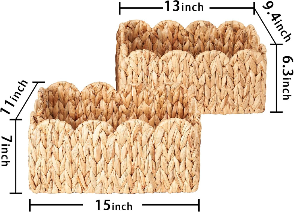 Scalloped Basket Wicker & Rattan Storage Basket with Built-in Handles, Large Woven Water Hyacinth for Nursery & Bathroom Organization 2 Pack