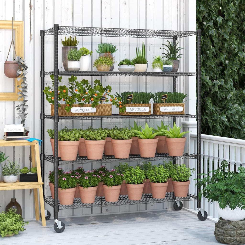 Himimi 82" H Storage Shelves 5 Tier Metal Shelving Adjustable Wire Shelf with Wheels, Heavy Duty Shelving for Garage Kitchen Pantry Bathroom Laundry,18" D*48" W*82" H, Black