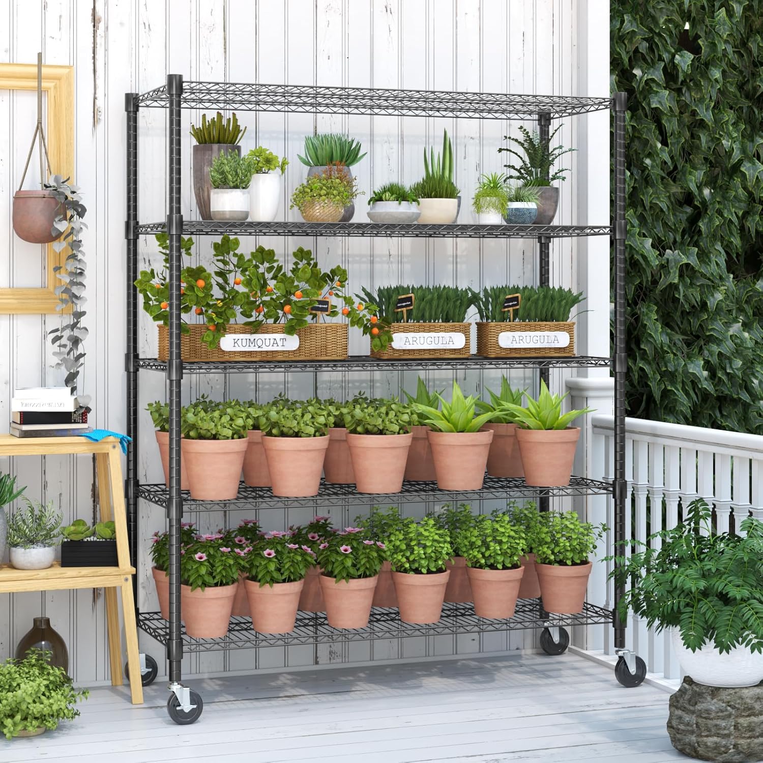 Himimi 82" H Storage Shelves 5 Tier Metal Shelving Adjustable Wire Shelf with Wheels, Heavy Duty Shelving for Garage Kitchen Pantry Bathroom Laundry,18" D*48" W*82" H, Black