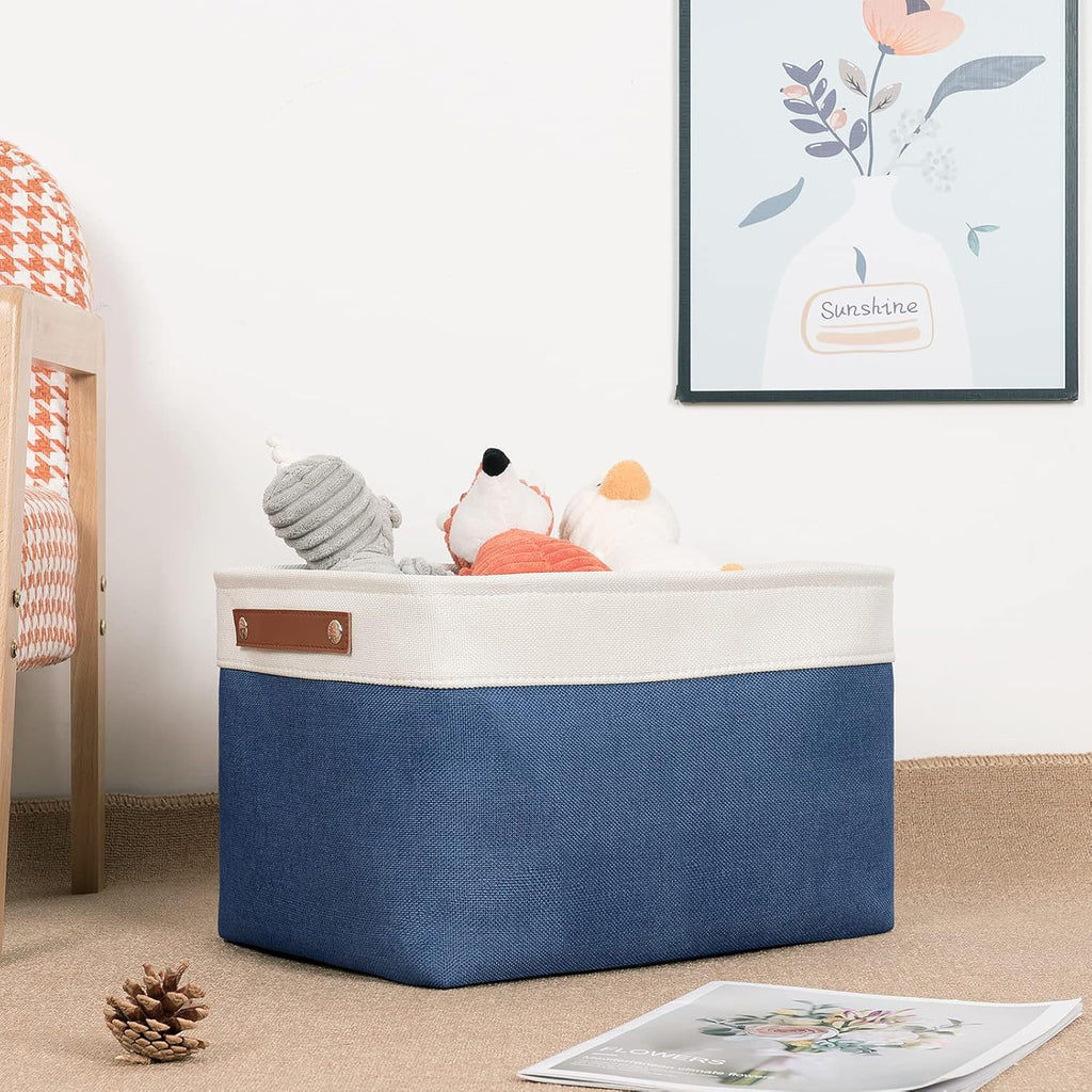 DULLEMELO Fabric Storage Bins, Foldable Storage Baskets for Organizing, Empty Gift Baskets (3-Pack Medium-15 inch X 11 inch X 9.5 inch , White&Blue)