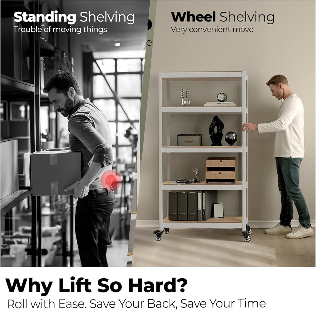 HOMEDANT House White 5-Tier Metal Rolling Cart Shelf Rack Casters Heavy Duty Wheel Shelving Unit Adjustable Utility Storage Shelves Organizer Shelf Kitchen Garage 36.2" W x 16.5" D x 69.5" H 3Pack