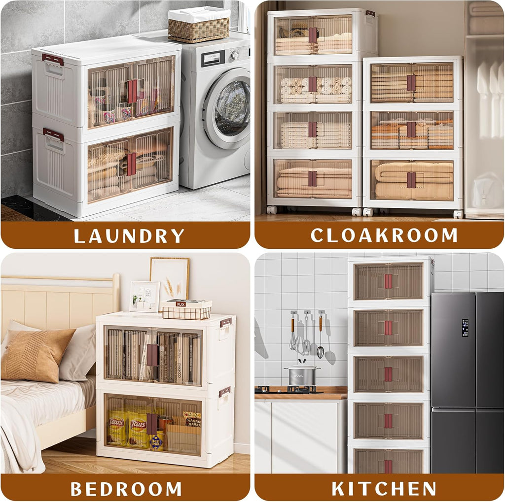 45GAL/180QT 3 Tier Large Stackable Storage Bins with Lids and Wheels, Collapsible Storage Bins Plastic with Doors, Suitable for Clothes, Closet, Home and Office