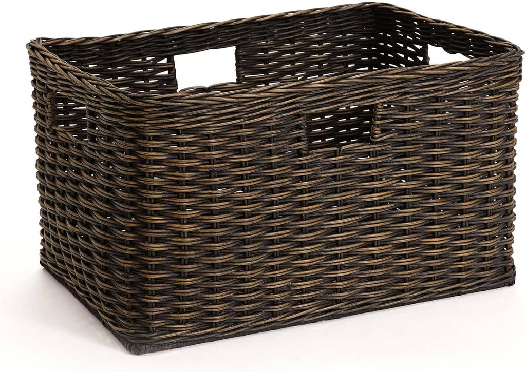 The Basket Lady Tall Rectangular Wicker Storage Basket, Large, 22.5 in L x 16 in W x 12.5 in H, Antique Walnut Brown