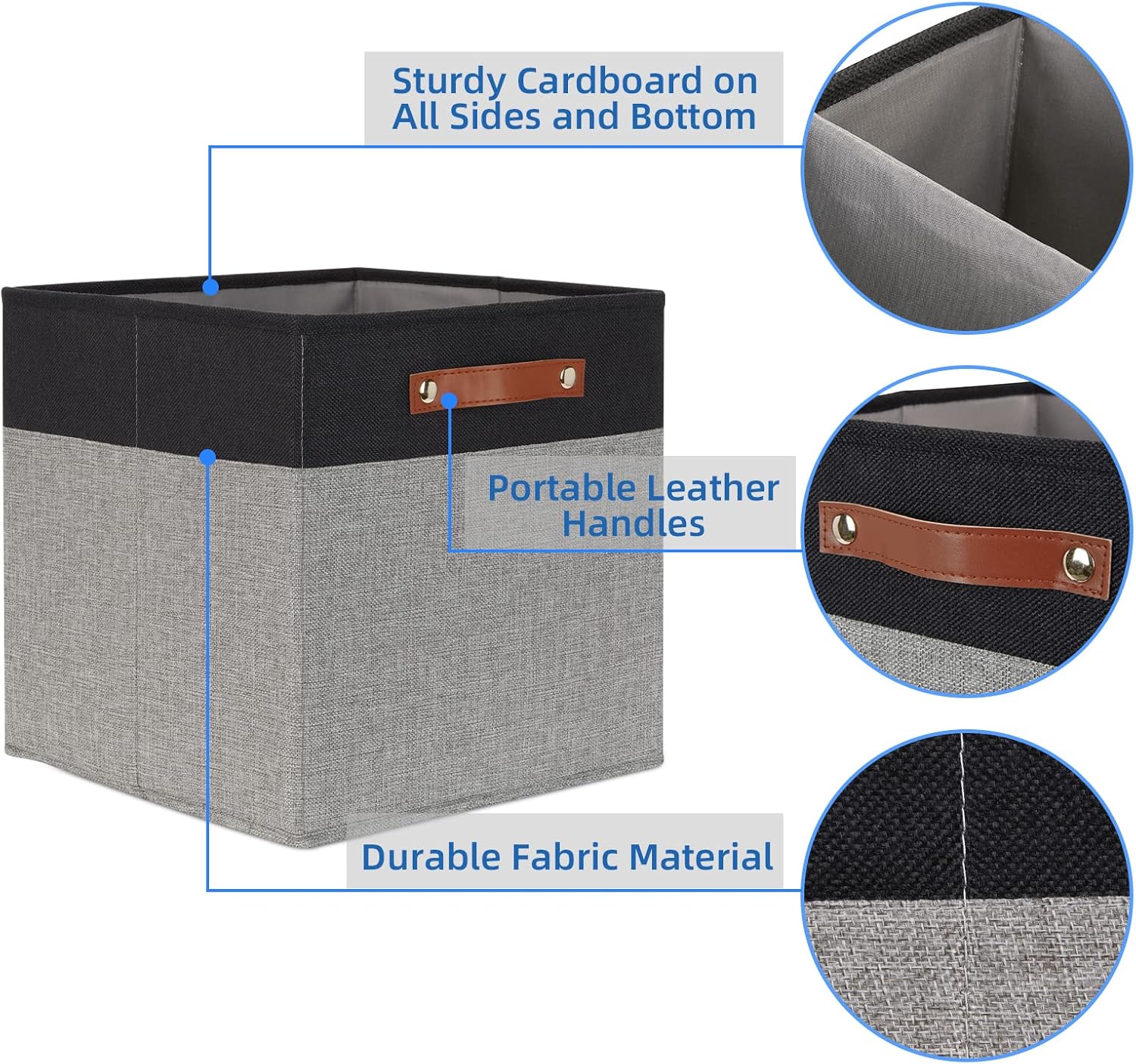 Temary 13 x 13 Storage Cubes Foldable Storage Cubes 4 Pack Canvas Storage Bin for Home, Square Storage Baskets with Leather Handles (Black&Grey)