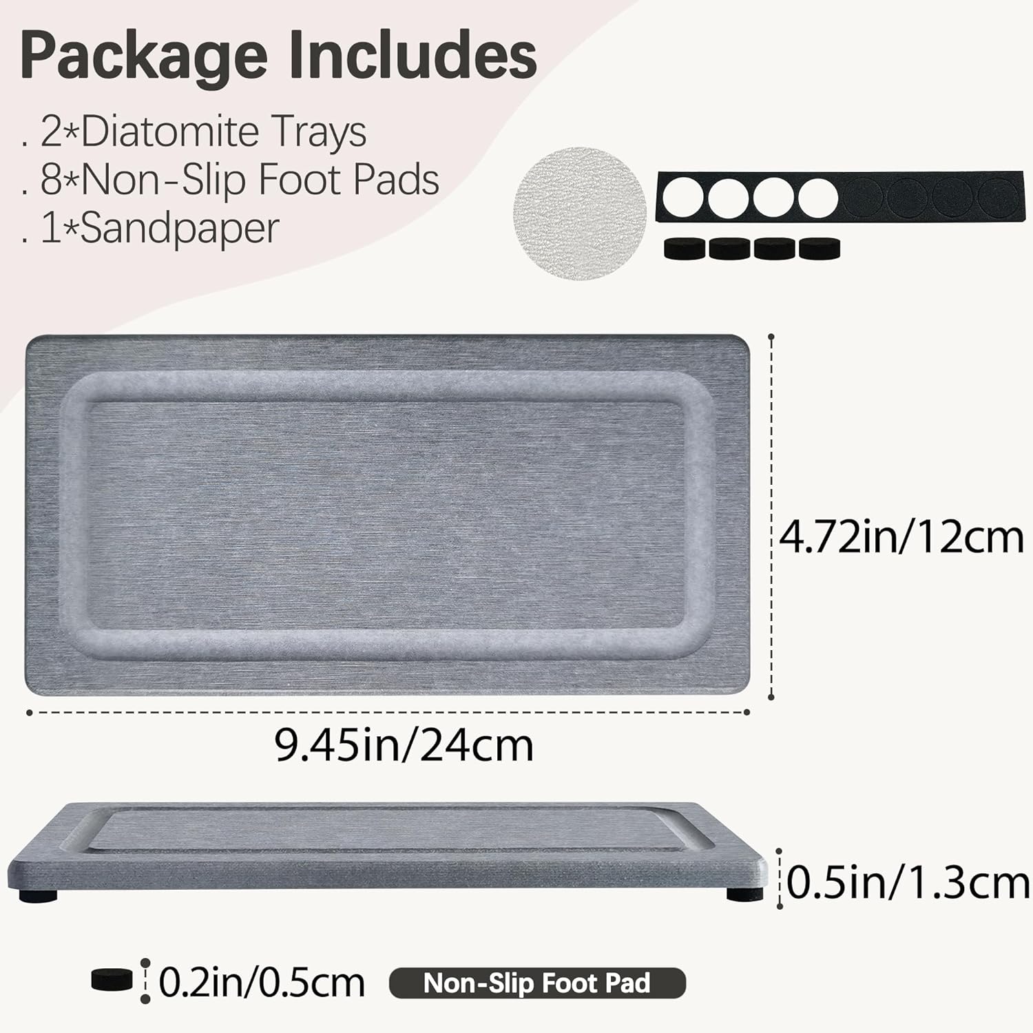 2 PCS Water Absorbing Stone Trays for Bathroom Sink & Kitchen Counter, Fast-Drying Diatomite Sink Coasters, Vanity Tray, Hand Soap Holder with Anti-Skid Pads (9.5" x 4.7" Gray)