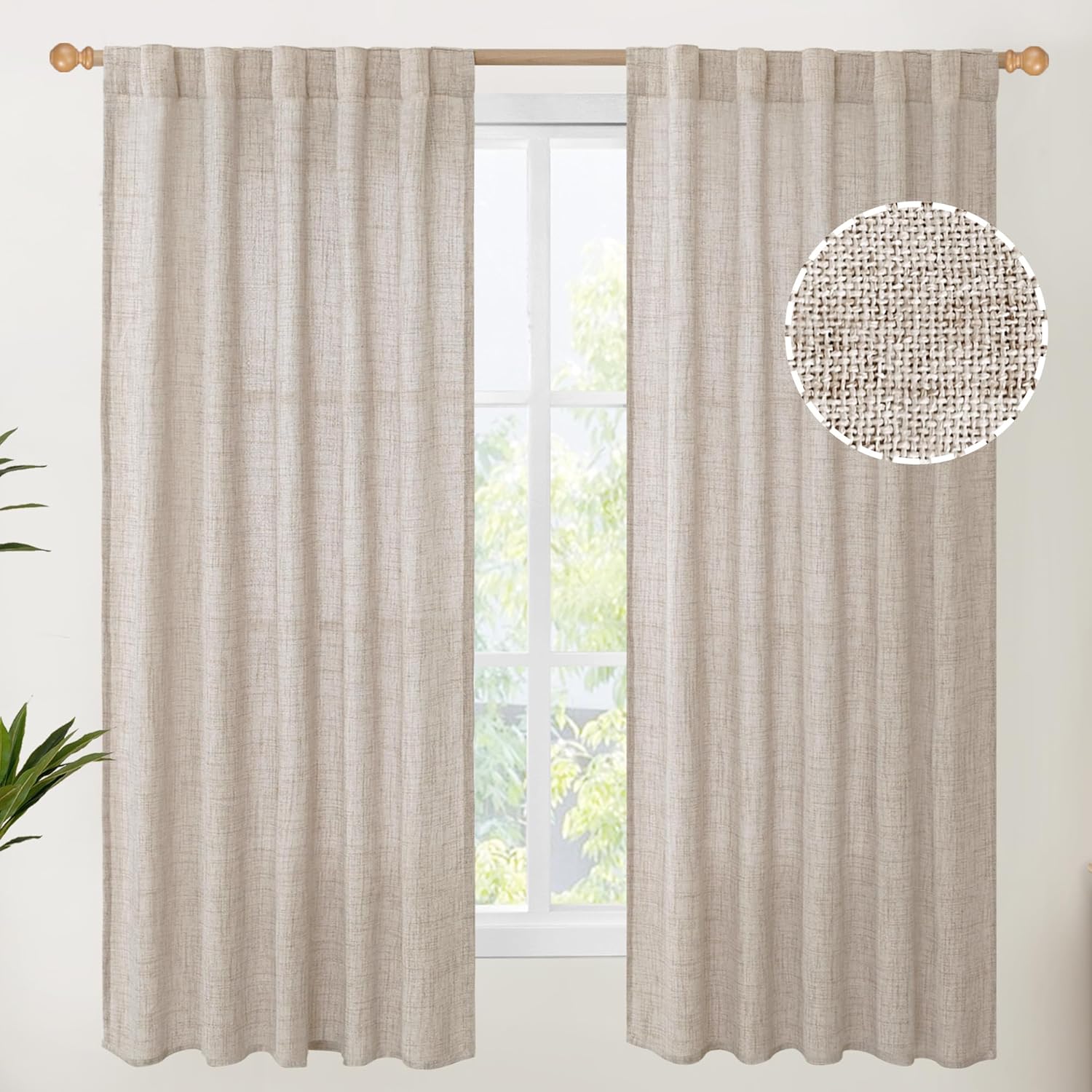YoungsTex Linen Semi Sheer Curtains 63 Inch Length 2 Panels for Window, Light Filtering Drapes Rod Pocket for Living Room Bedroom Office Farmhouse Burlap Textured Lightweight Back Tab, 42 X 63 Inch