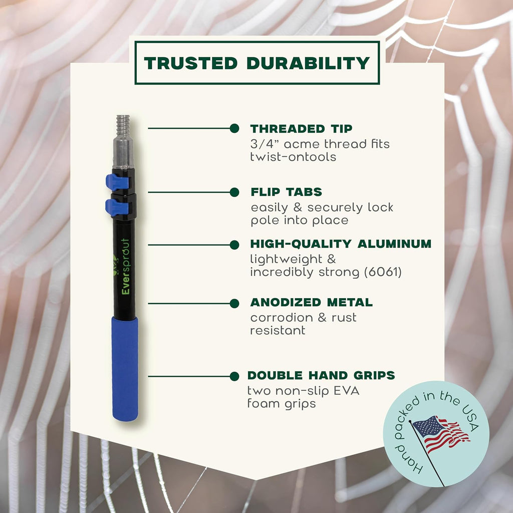 EVERSPROUT 5-to-12 Foot Cobweb Duster and Extension-Pole Combo (20 Foot Reach, Soft Bristles) | Hand Packaged | Lightweight, 3-Stage Aluminum Pole | Indoor & Outdoor Use Brush Attachment