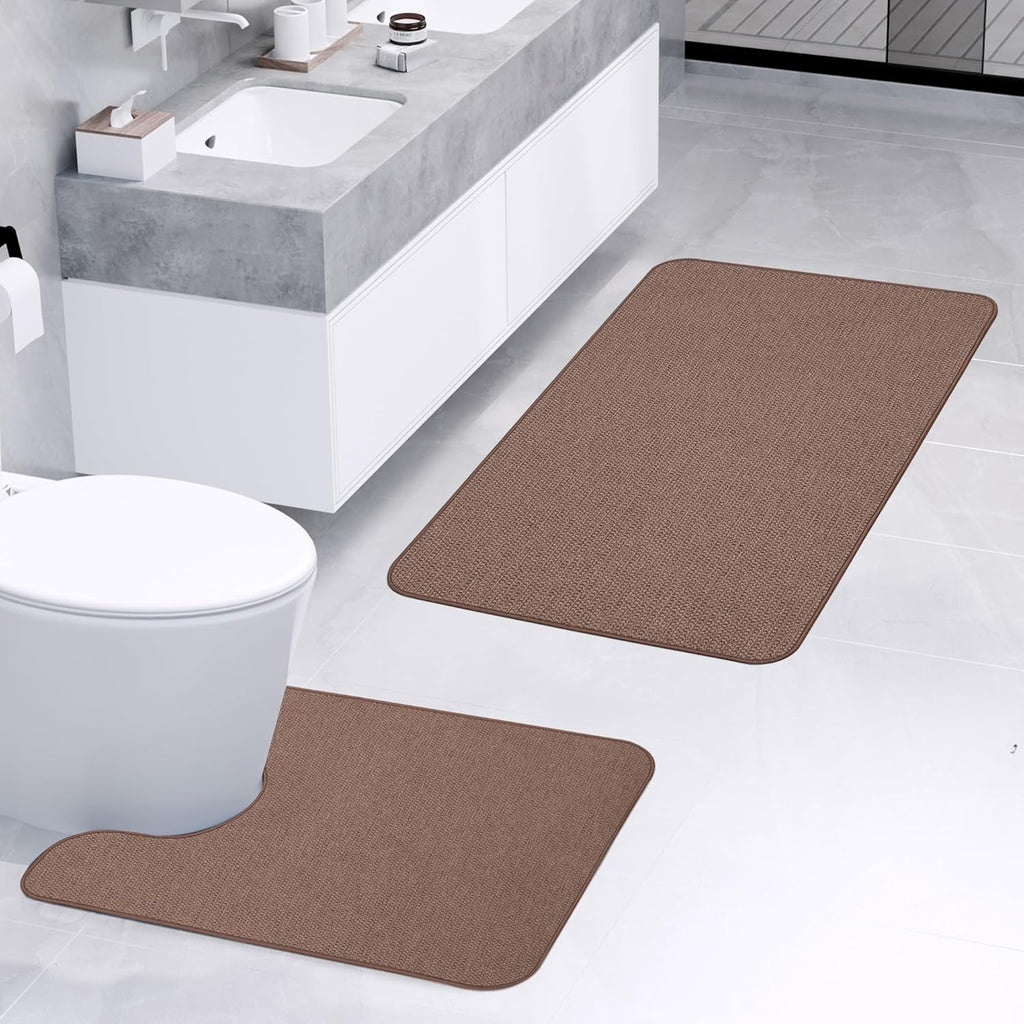 Bathroom Rugs Set 2 Pieces,Thin Bathroom Mats,Toilet Rugs,Quick Dry,Non-Slip,Machine Washable,Low Pile,Absorbent Bath Mats,Shower,Sink,Home Decor Accessories.Brown,1'5"x2'3"+1'8"x2" U Shape